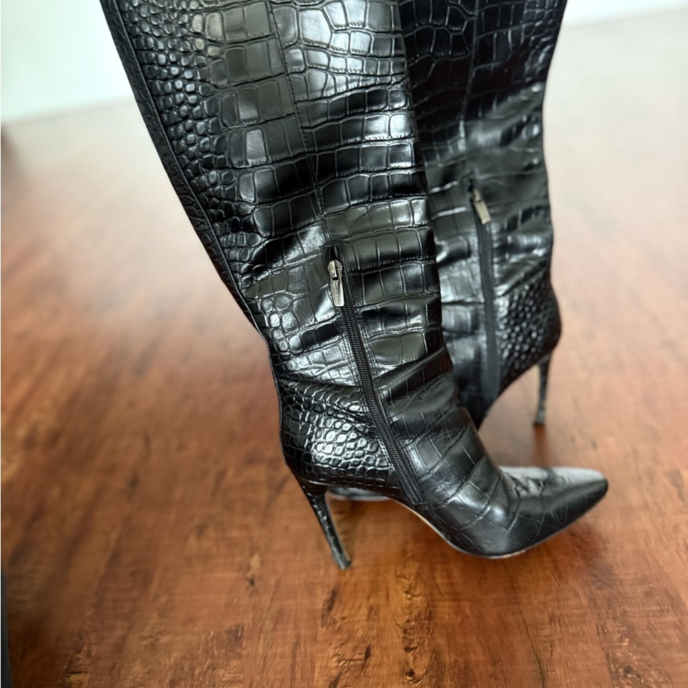 Vince Camuto Black Croc-Embossed Knee-High Boots - Picture 6 of 9